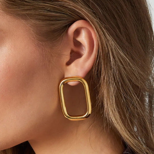 Statement Rectangle Earrings – Stainless Steel, Gold-Tone