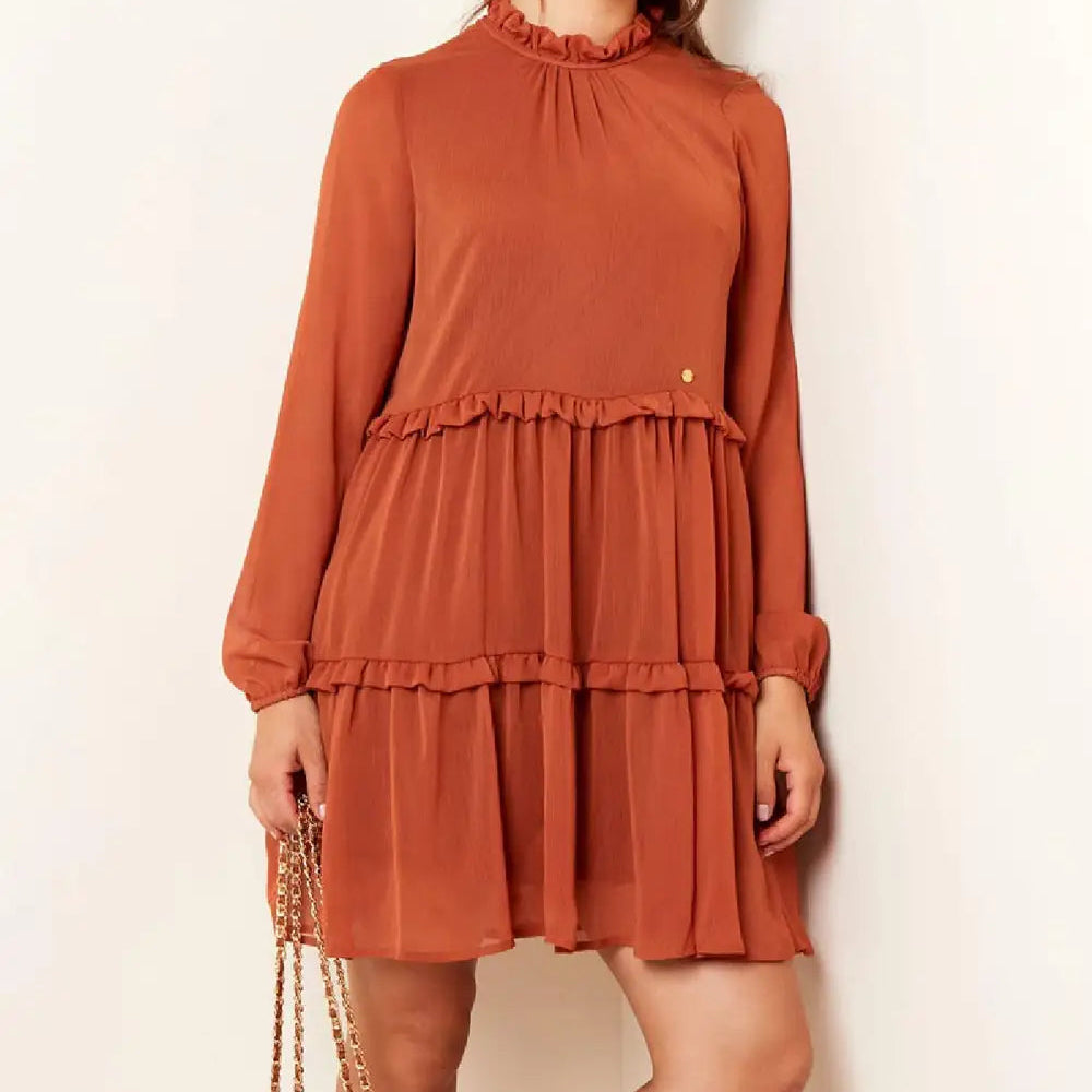 Polyester Women's Midi Dress with Layered Pleats Design