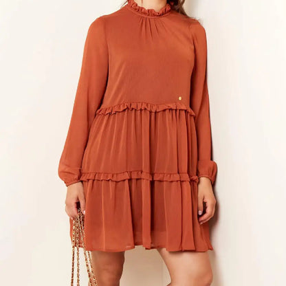 Polyester Women's Midi Dress with Layered Pleats Design