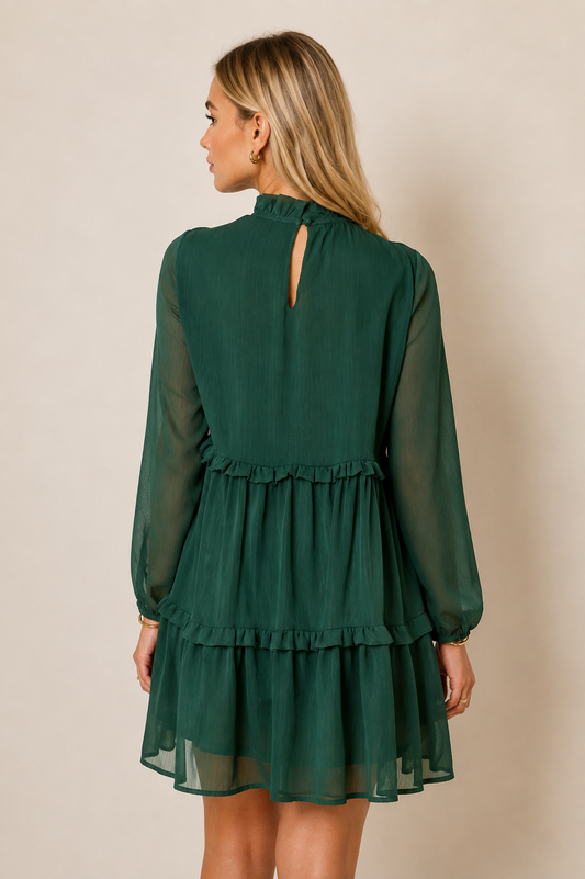 Polyester Women's Midi Dress with Layered Pleats Design