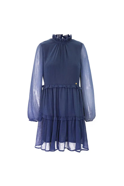 Polyester Women's Midi Dress with Layered Pleats Design