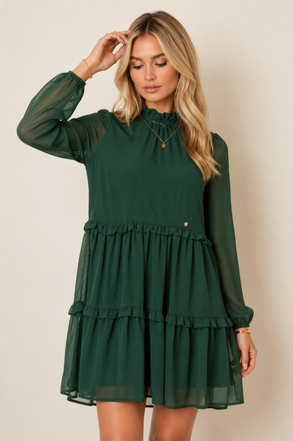 Polyester Women's Midi Dress with Layered Pleats Design