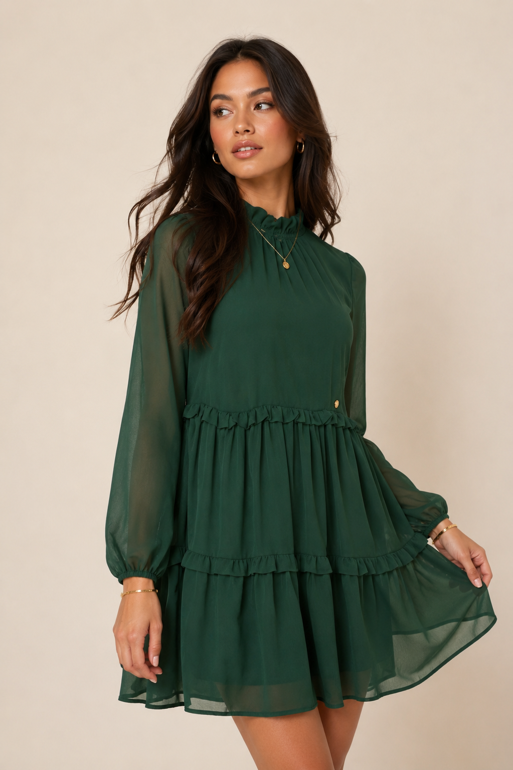 Lola's Emerald Elegance Midi Jurk – Chiffon Jurk met Ruches